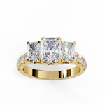 Load image into Gallery viewer, Radiant Cut Three-Stone Diamond Engagement Ring in 18K Gold with Pavé Accents