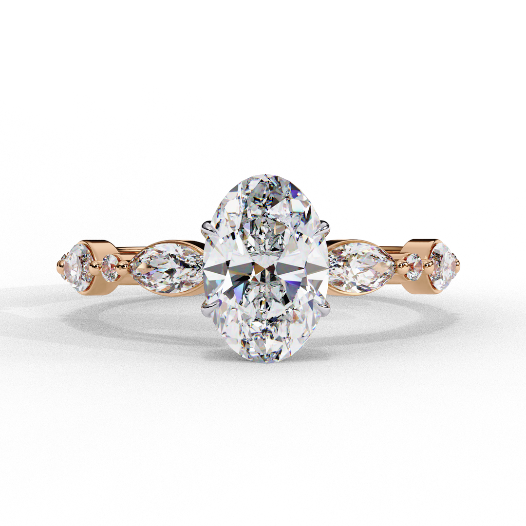 2.20ct Oval Cut Lab Grown Diamond Engagement Ring – VVS2 Clarity, F Color | Marquise & Round Side Stones in 18K Gold