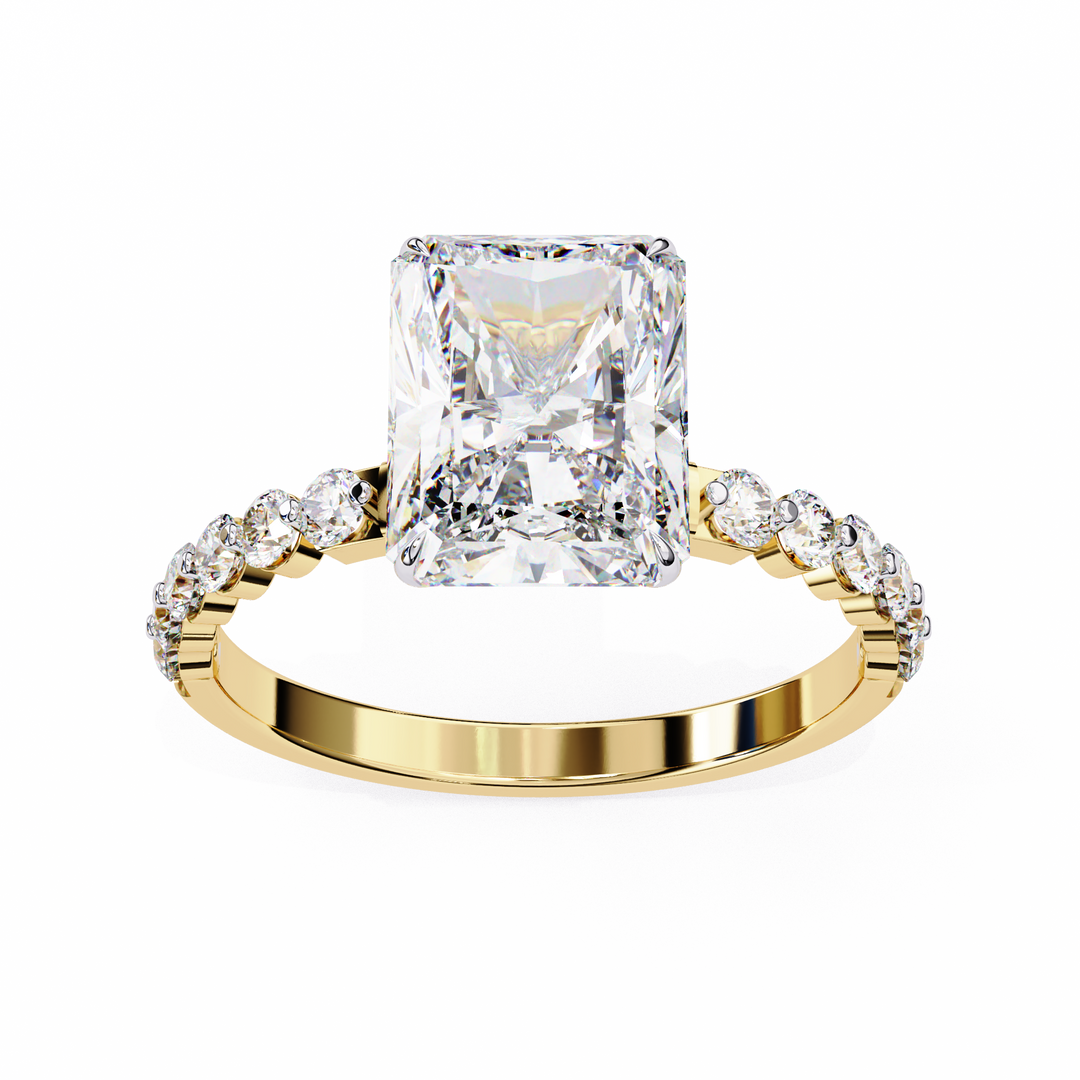 Radiant Cut Diamond Ring 2.00ct VVS2 F Color with Round Side Stones in 18K Gold