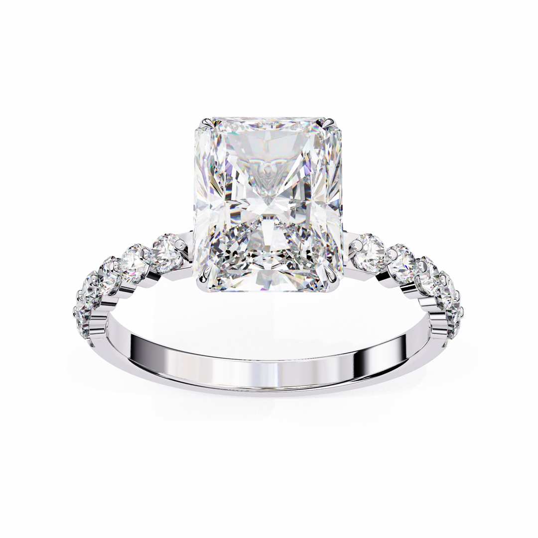 Radiant Cut Diamond Ring 2.00ct VVS2 F Color with Round Side Stones in 18K Gold
