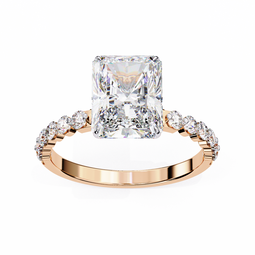 Radiant Cut Diamond Ring 2.00ct VVS2 F Color with Round Side Stones in 18K Gold