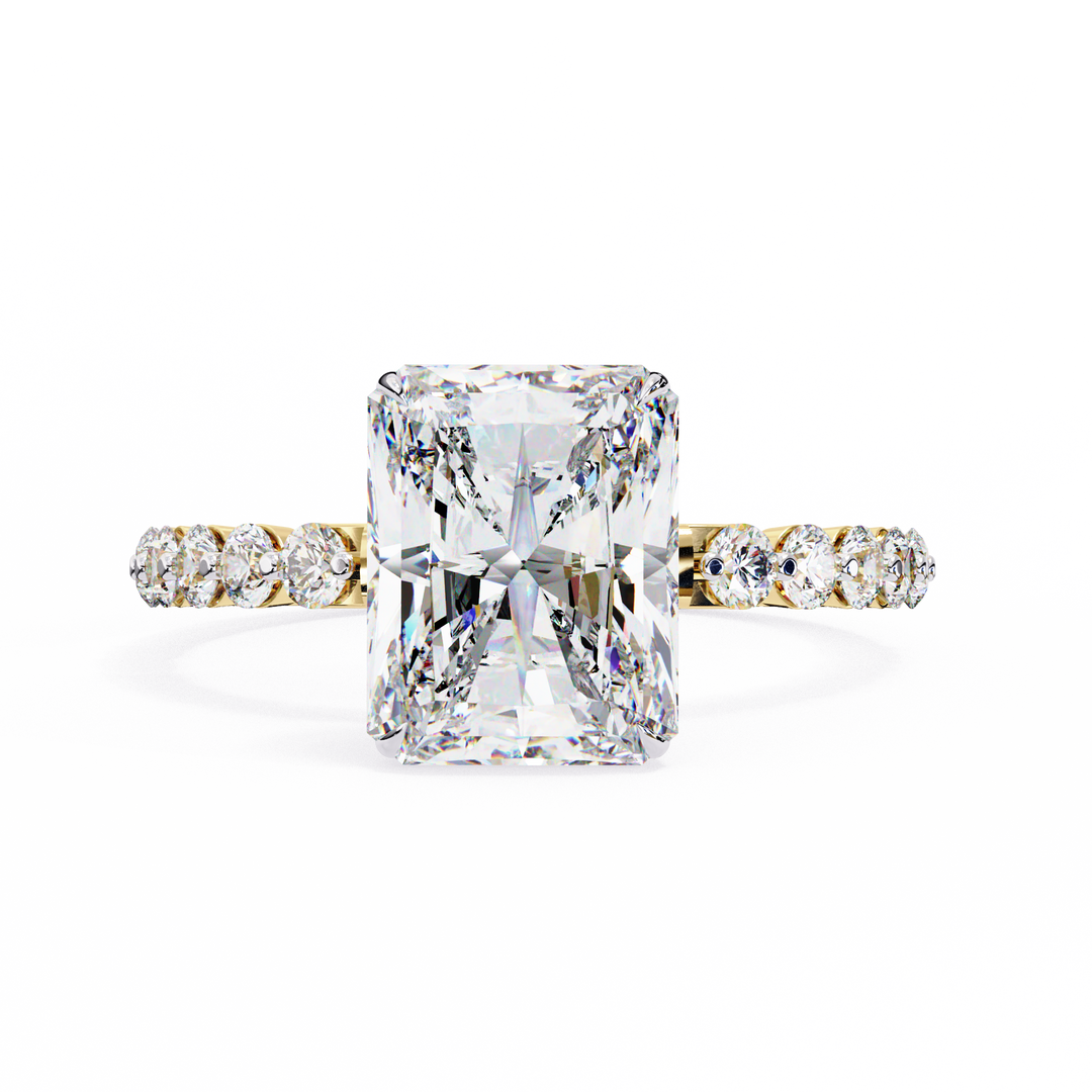 Radiant Cut Diamond Ring 2.00ct VVS2 F Color with Round Side Stones in 18K Gold