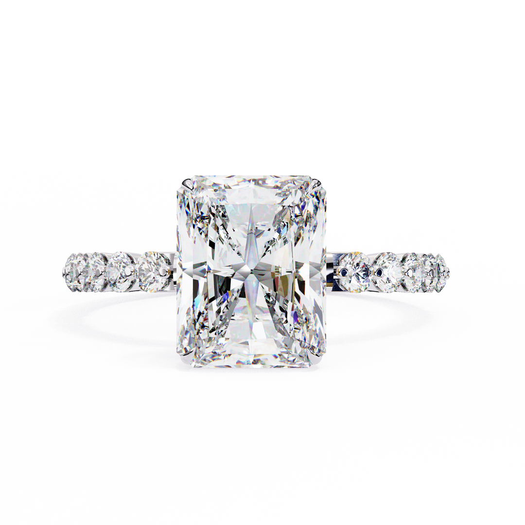 Radiant Cut Diamond Ring 2.00ct VVS2 F Color with Round Side Stones in 18K Gold