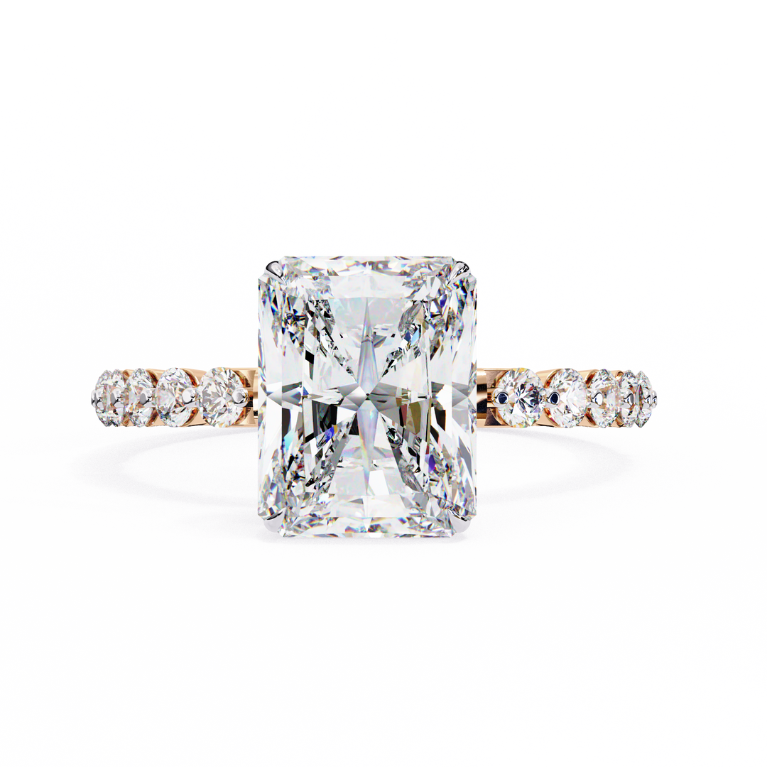 Radiant Cut Diamond Ring 2.00ct VVS2 F Color with Round Side Stones in 18K Gold
