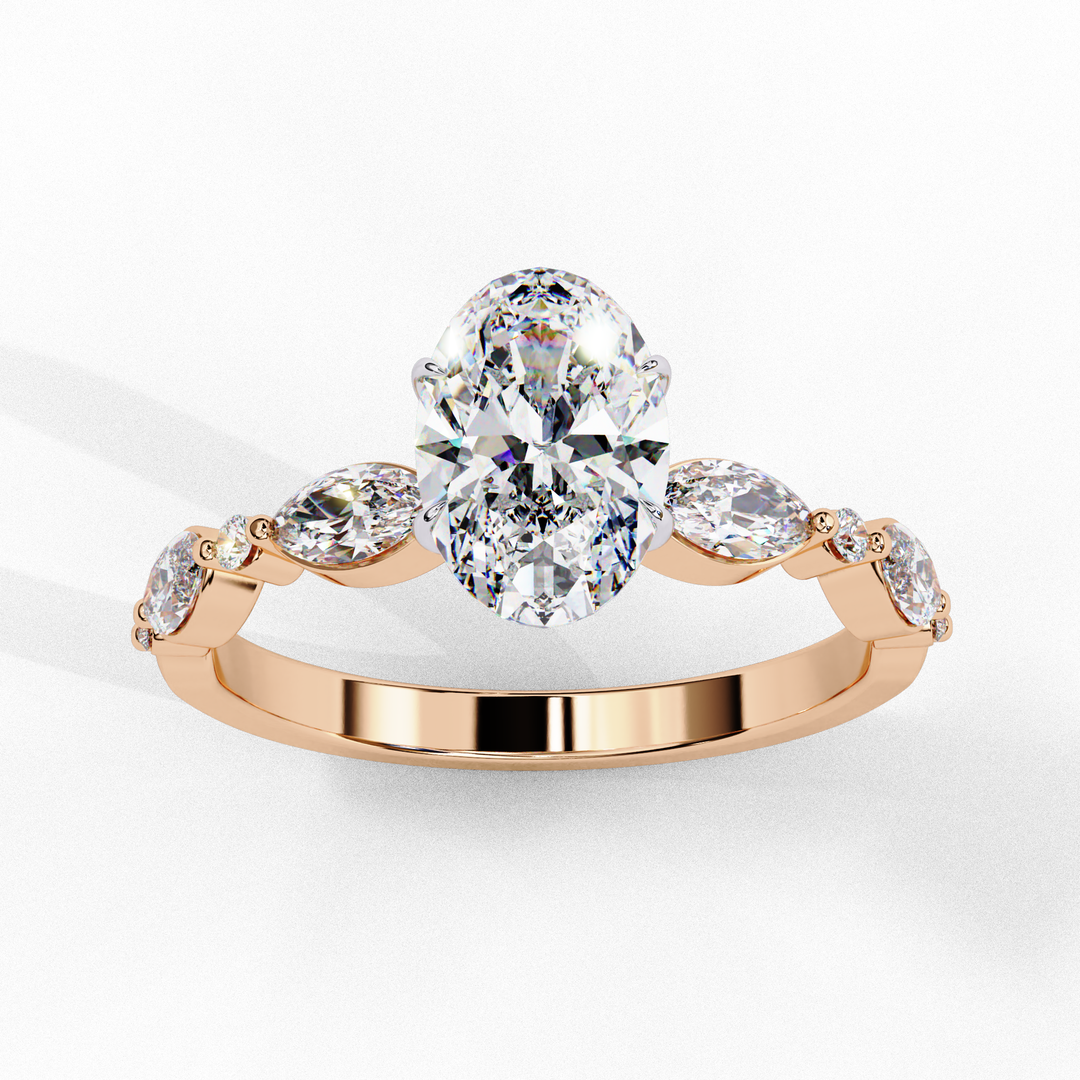 2.20ct Oval Cut Lab Grown Diamond Engagement Ring – VVS2 Clarity, F Color | Marquise & Round Side Stones in 18K Gold