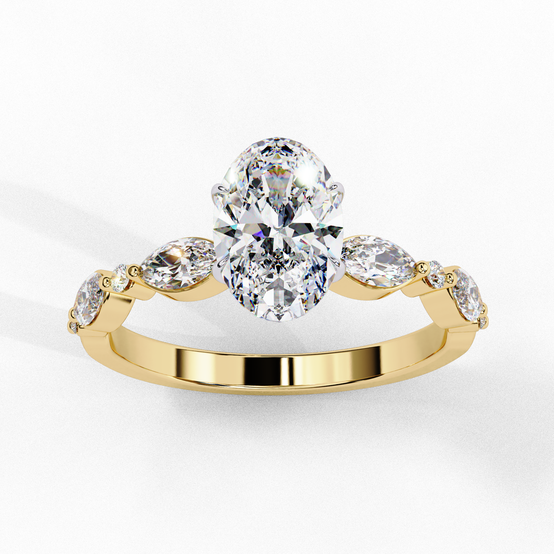 2.20ct Oval Cut Lab Grown Diamond Engagement Ring – VVS2 Clarity, F Color | Marquise & Round Side Stones in 18K Gold