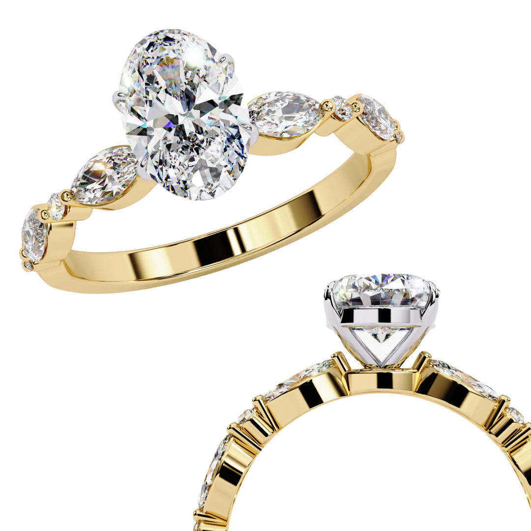 2.20ct Oval Cut Lab Grown Diamond Engagement Ring – VVS2 Clarity, F Color | Marquise & Round Side Stones in 18K Gold