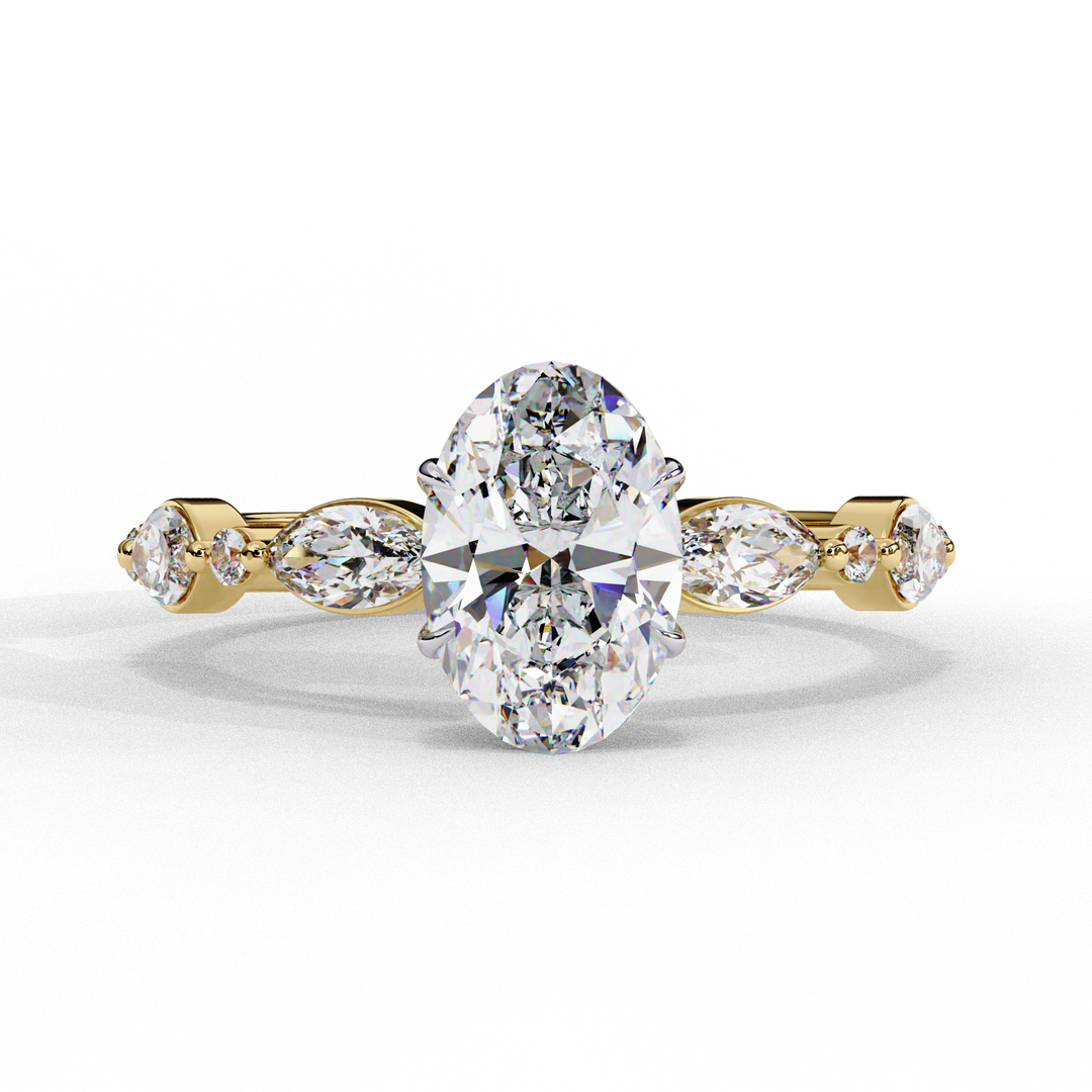 2.20ct Oval Cut Lab Grown Diamond Engagement Ring – VVS2 Clarity, F Color | Marquise & Round Side Stones in 18K Gold