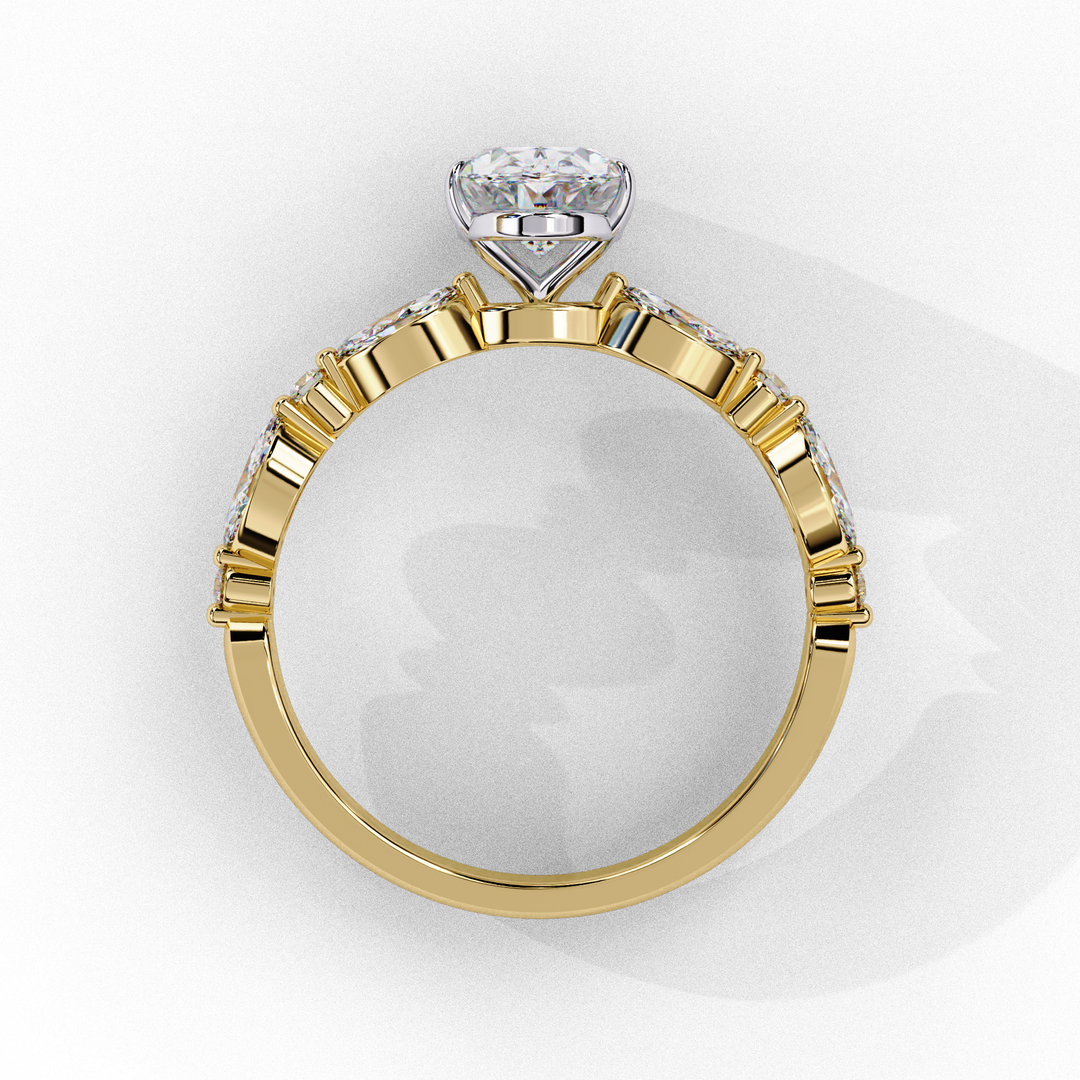 2.20ct Oval Cut Lab Grown Diamond Engagement Ring – VVS2 Clarity, F Color | Marquise & Round Side Stones in 18K Gold