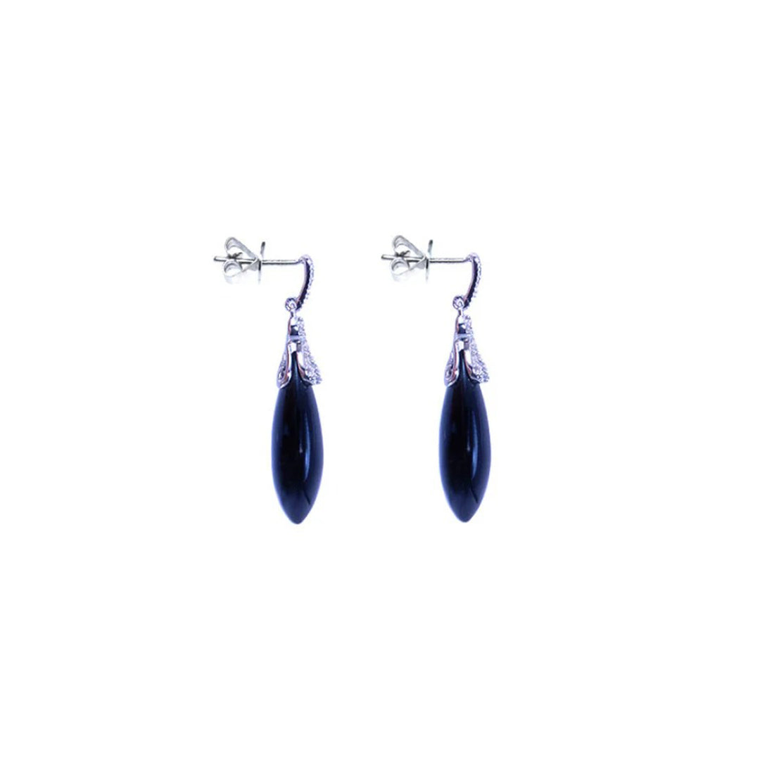 Black Agate & Diamond Drop Earrings