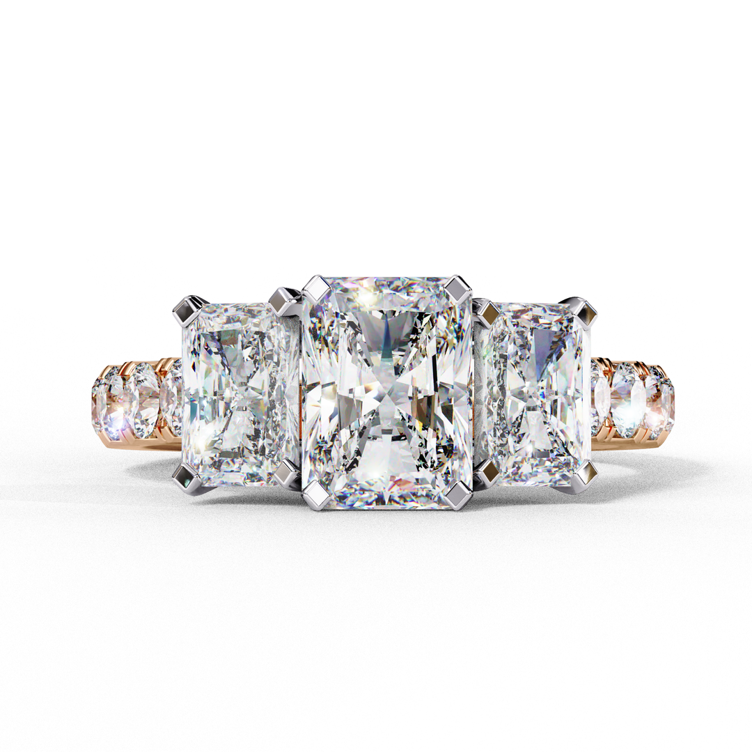 Radiant Cut Three-Stone Diamond Engagement Ring in 18K Gold with Pavé Accents