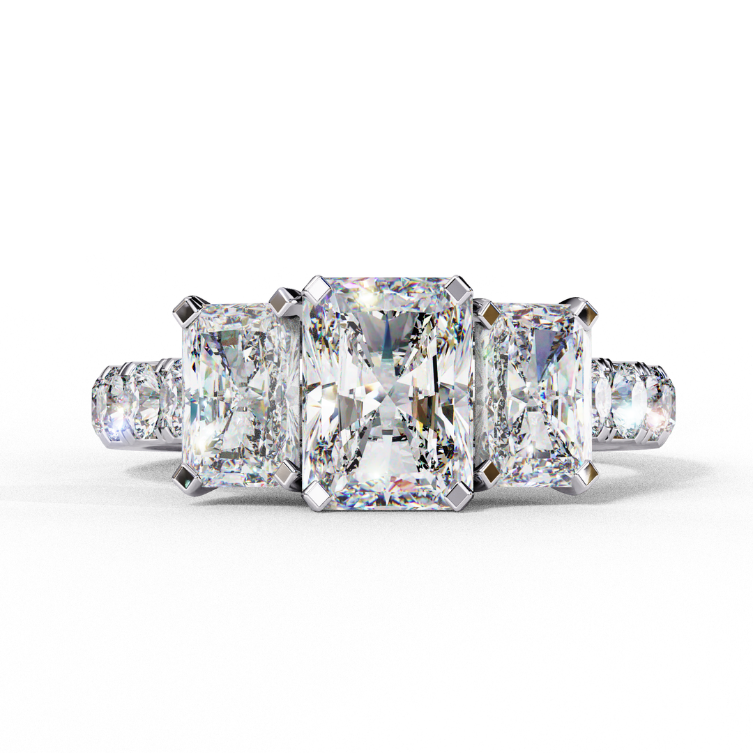 Radiant Cut Three-Stone Diamond Engagement Ring in 18K Gold with Pavé Accents