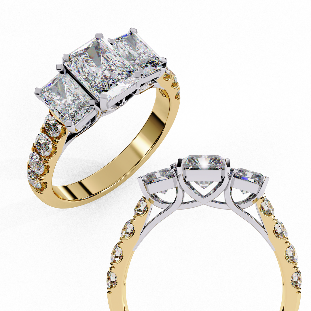 Radiant Cut Three-Stone Diamond Engagement Ring in 18K Gold with Pavé Accents