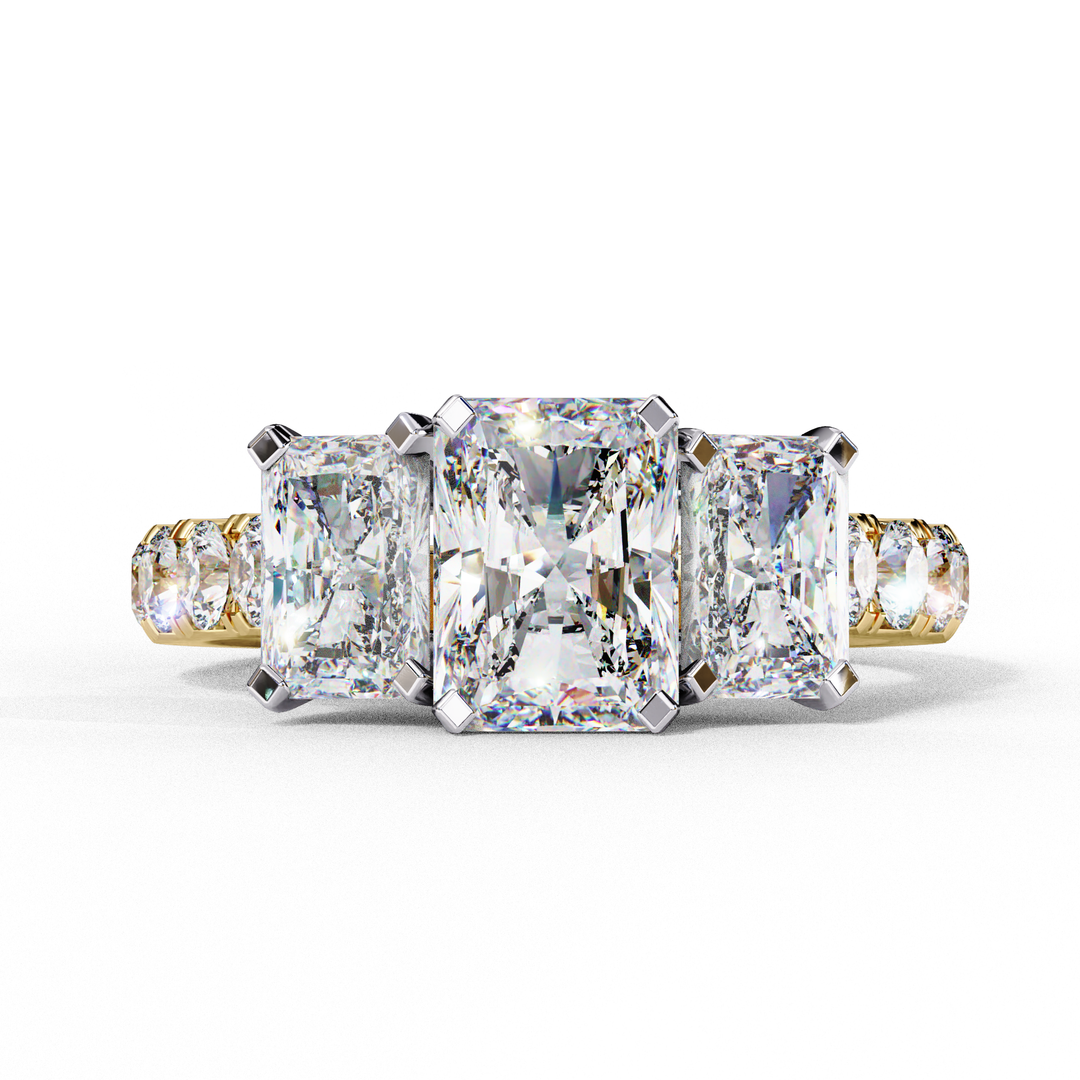 Radiant Cut Three-Stone Diamond Engagement Ring in 18K Gold with Pavé Accents