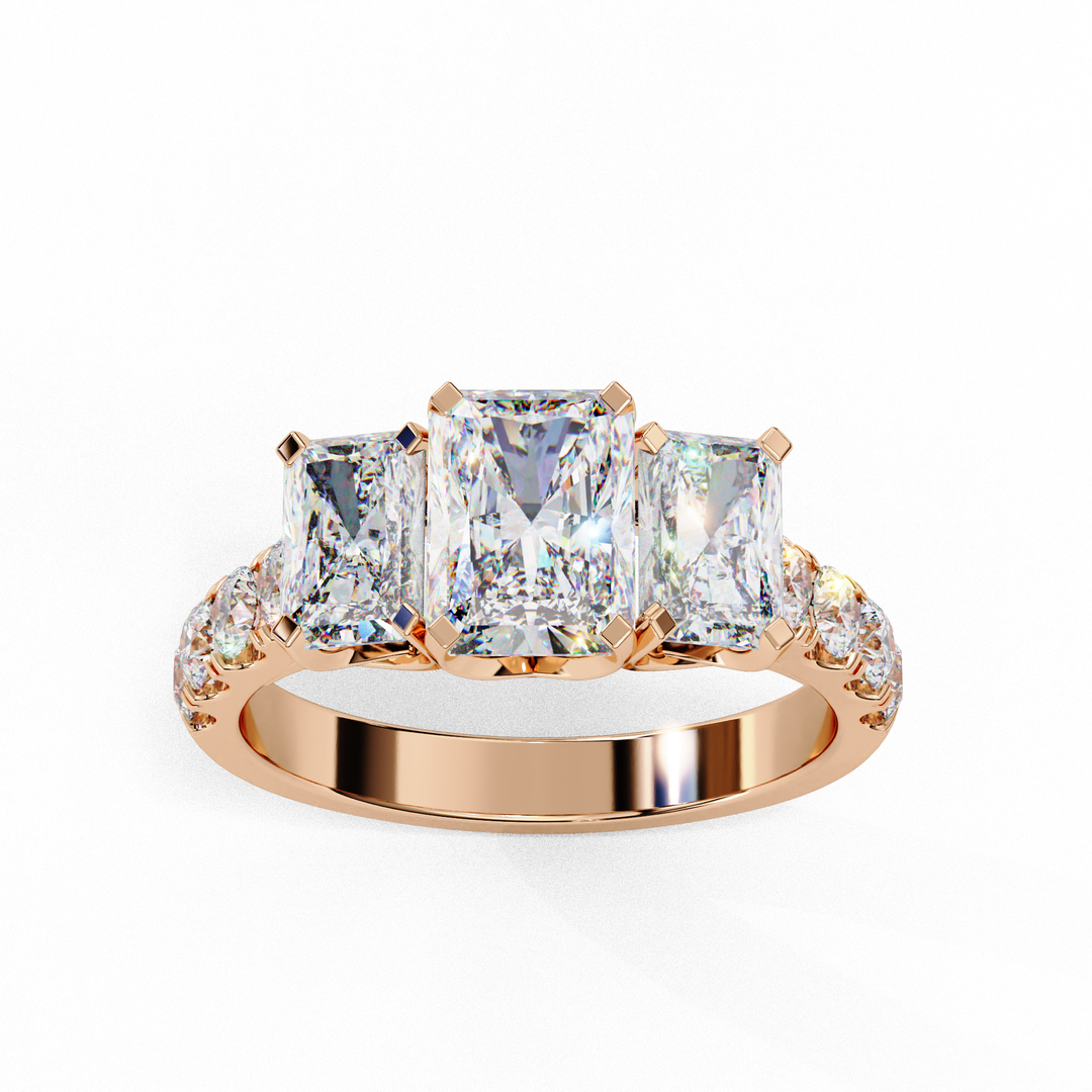 Radiant Cut Three-Stone Diamond Engagement Ring in 18K Gold with Pavé Accents