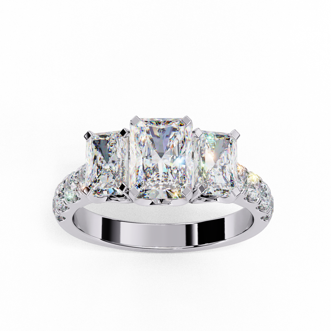 Radiant Cut Three-Stone Diamond Engagement Ring in 18K Gold with Pavé Accents