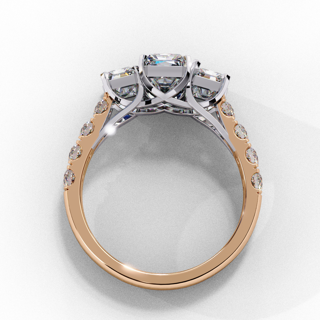Radiant Cut Three-Stone Diamond Engagement Ring in 18K Gold with Pavé Accents