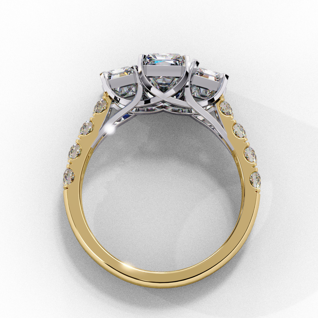Radiant Cut Three-Stone Diamond Engagement Ring in 18K Gold with Pavé Accents