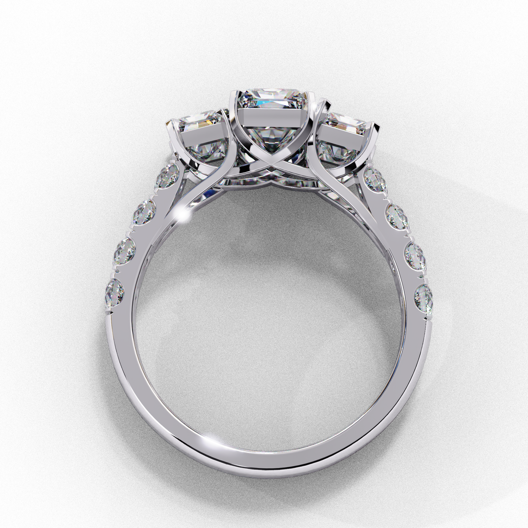 Radiant Cut Three-Stone Diamond Engagement Ring in 18K Gold with Pavé Accents