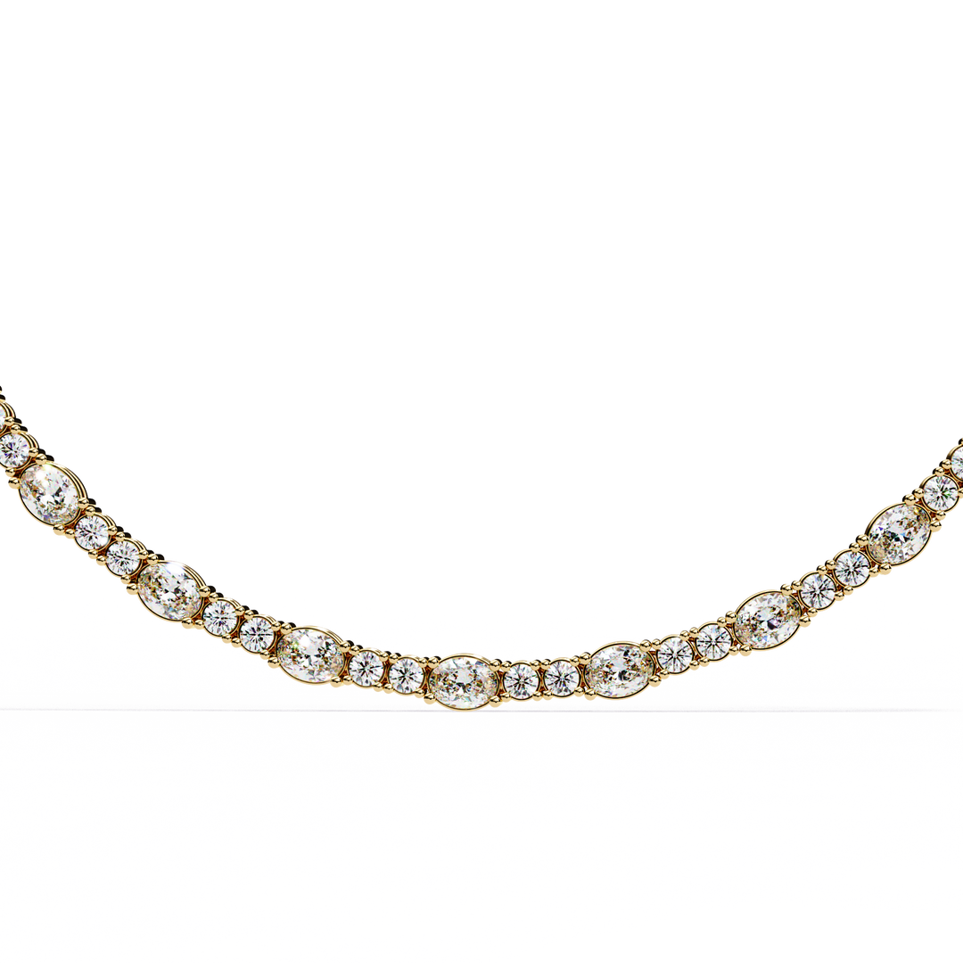 Discover our luxurious 18K Gold Lab-Grown Diamond Tennis Necklace featuring 10.61 carats of Oval and Brilliant Round Cut diamonds. Ethically crafted with exceptional brilliance for timeless elegance.
