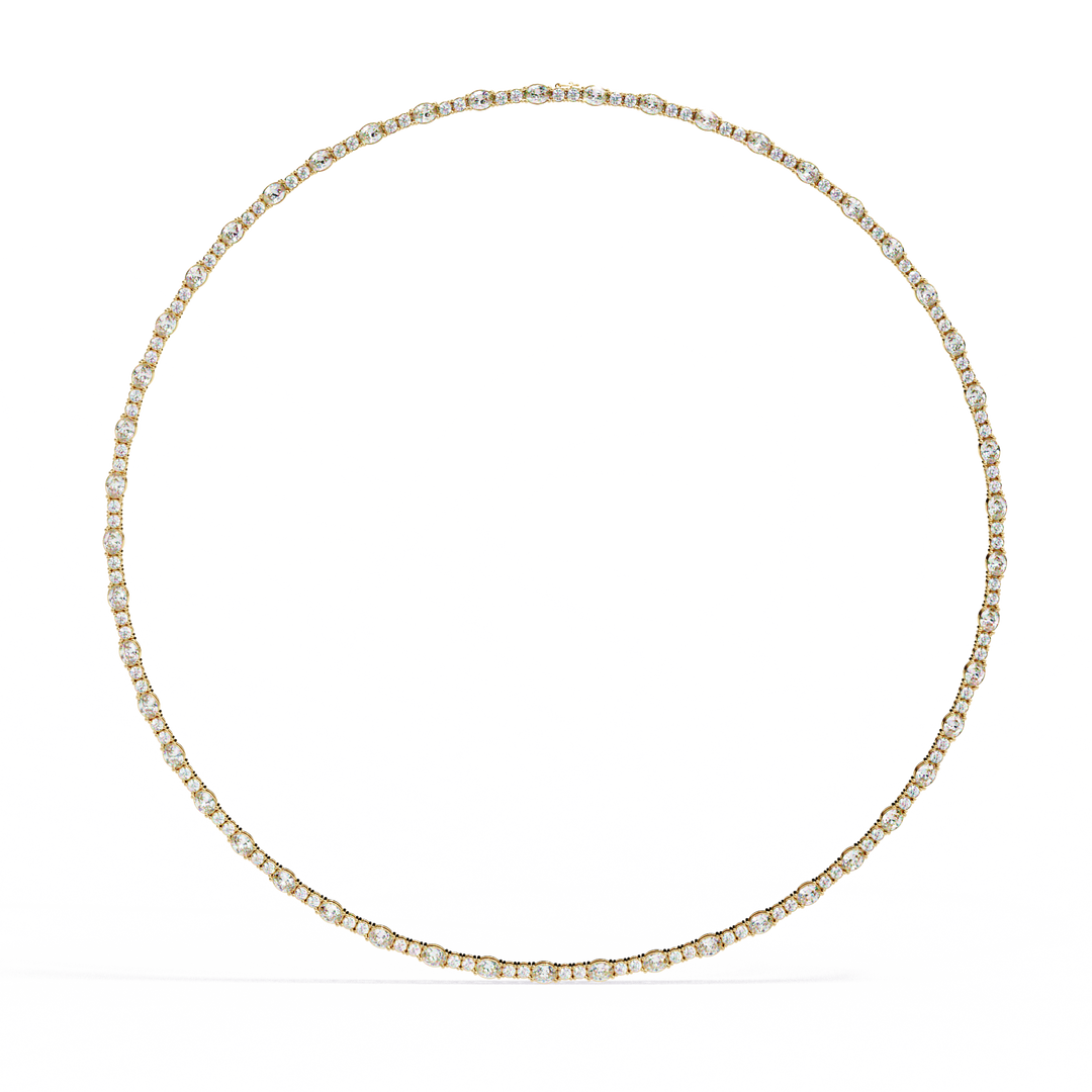Discover our luxurious 18K Gold Lab-Grown Diamond Tennis Necklace featuring 10.61 carats of Oval and Brilliant Round Cut diamonds. Ethically crafted with exceptional brilliance for timeless elegance.