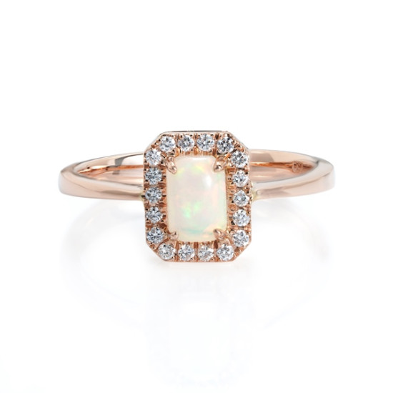 Emerald Cut Opal Halo Diamond Ring