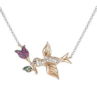 Bird Necklace with Real Diamond and Ruby - B13986