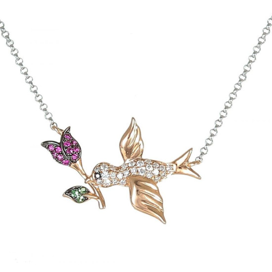 Bird Necklace with Real Diamond and Ruby - B13986