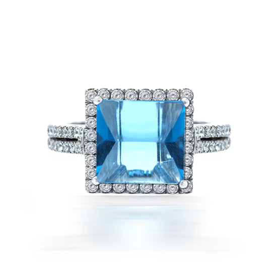 Princess cut blue topaz diamond halo ring
