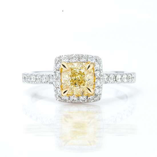  1.54Cts cushion cut fancy yellow halo engagement ring