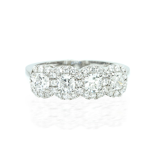 Round brilliant four stone halo diamond ring